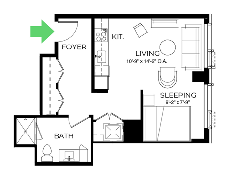 Floor plan for studio, 1 bath, 533 sqft